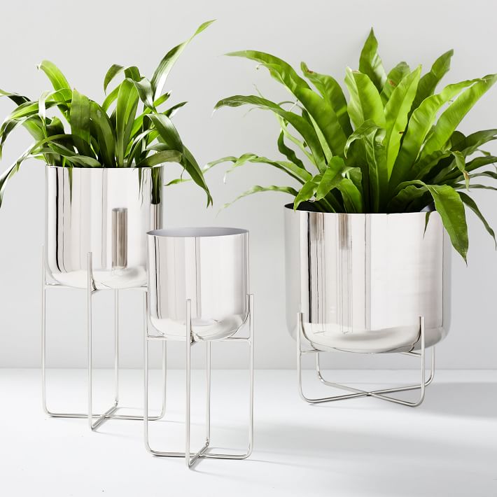 Spun Metal Standing Planters - Chrome