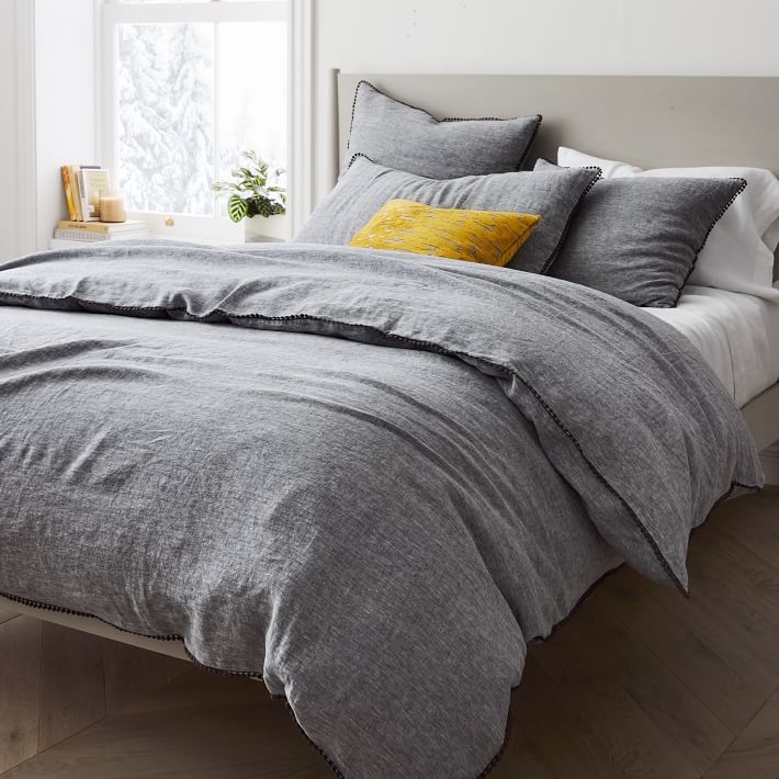 European Flax Linen Pom Pom Duvet Cover & Shams