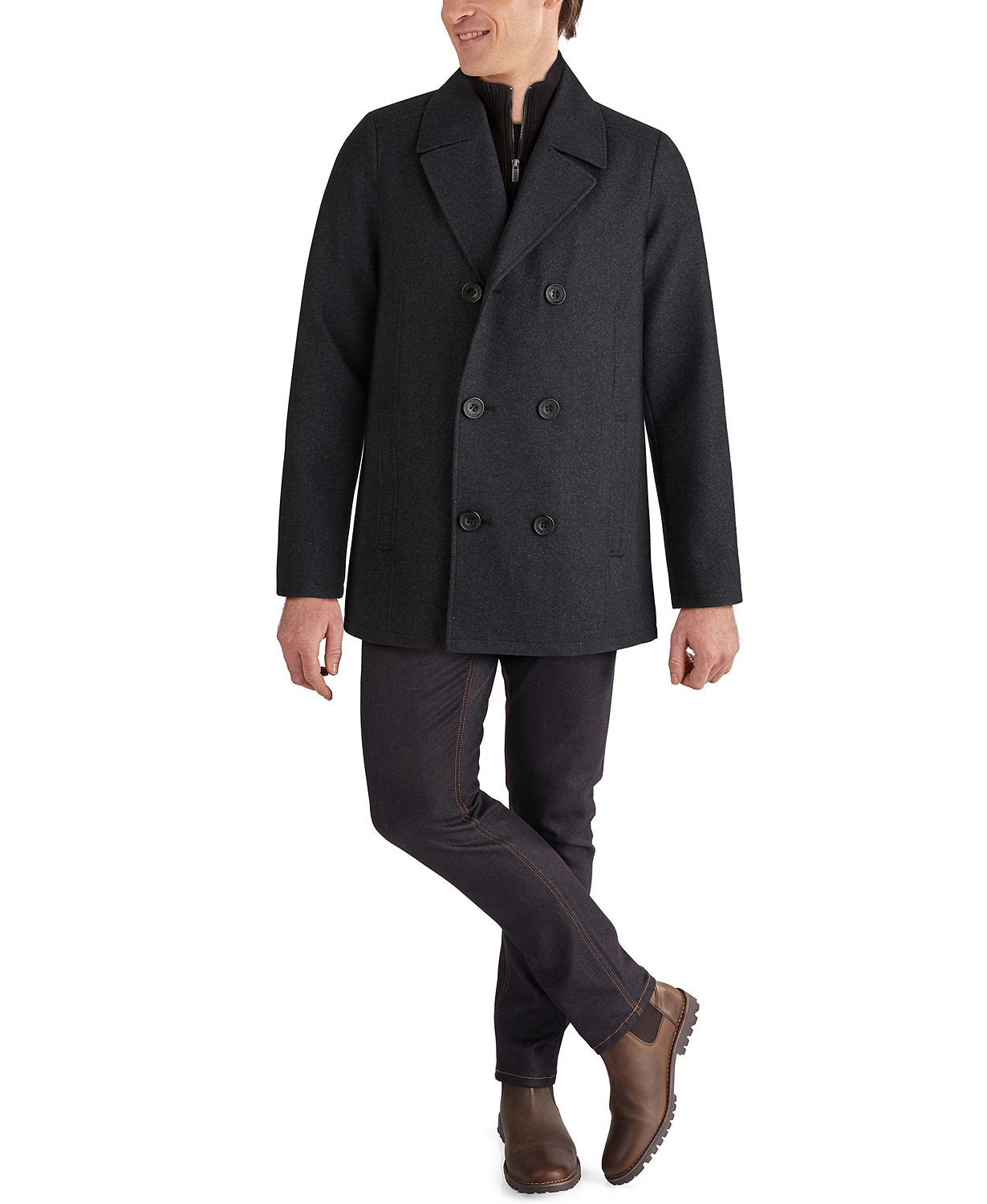 Mens Double Breasted Wool Blend Peacoat with Bib