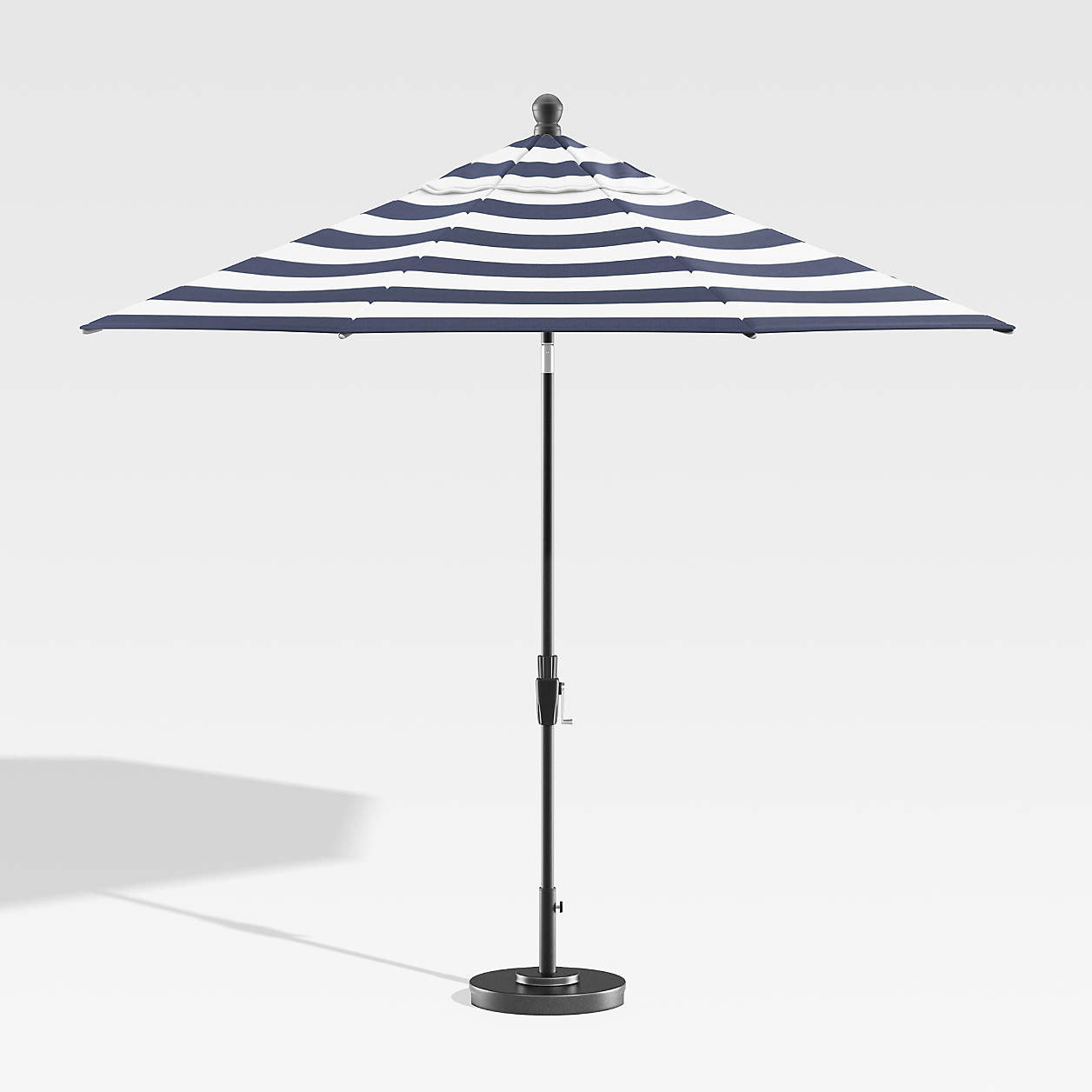Round Sunbrella Cabana Stripe Navy Patio Umbrella with Tilt Black Frame