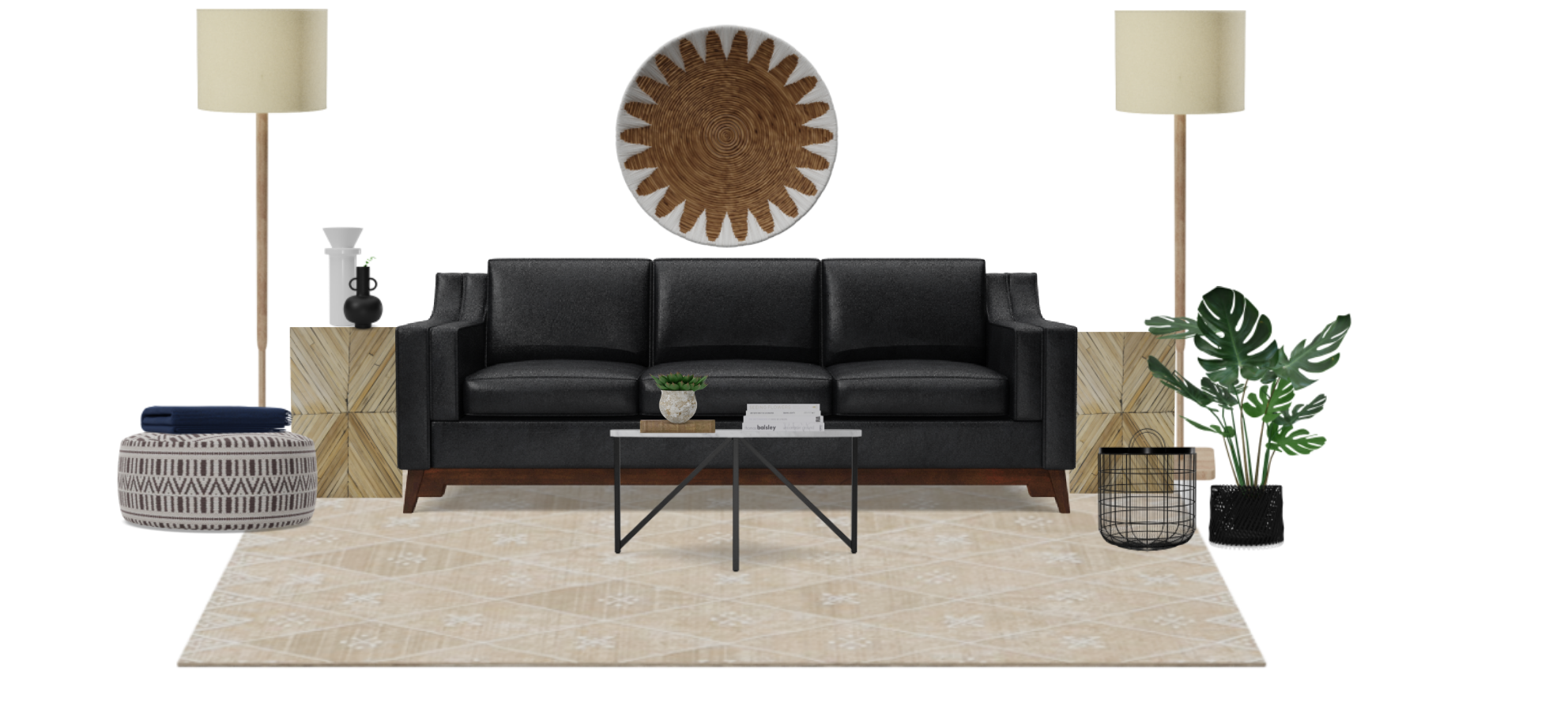 Mid Century Modern Living Room with Leather Sofa Spacejoy