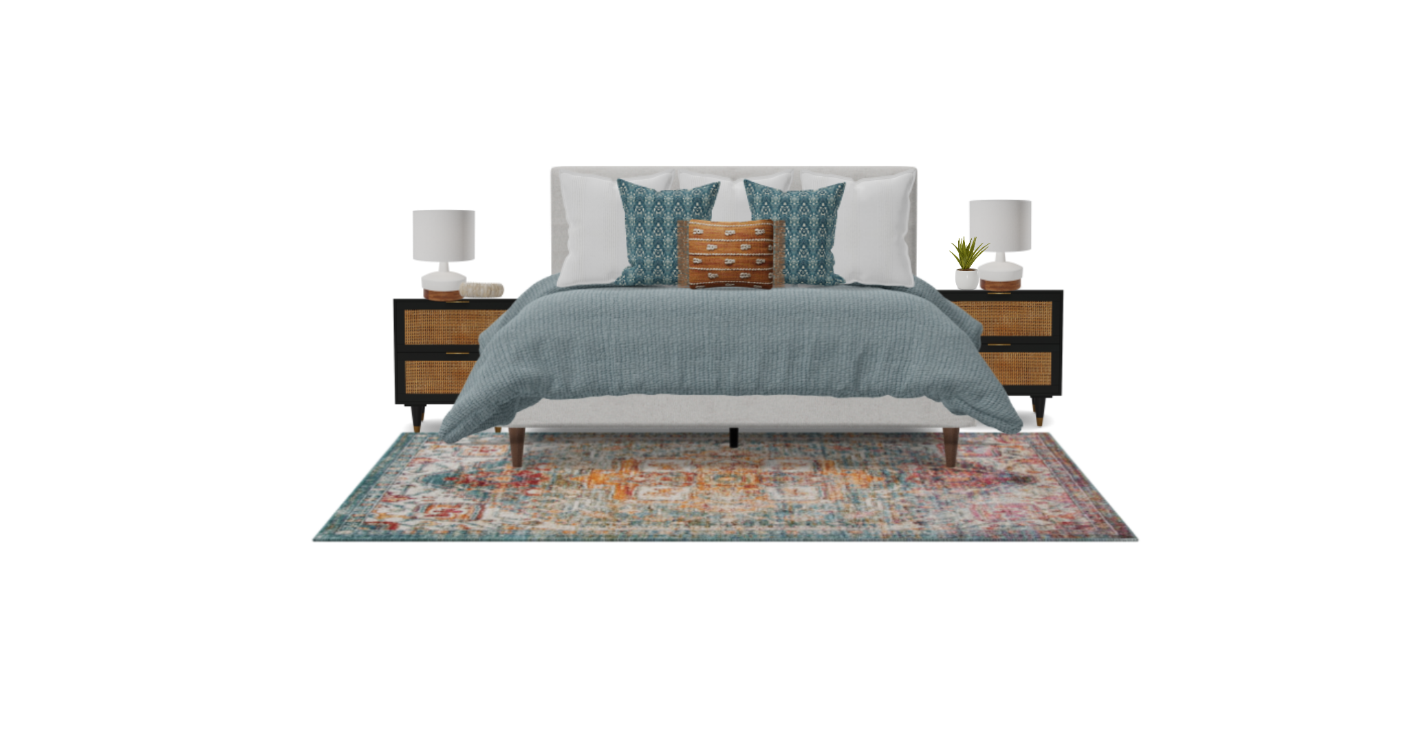 Mid Century Boho Bedroom Set with Cane Nightstands Spacejoy