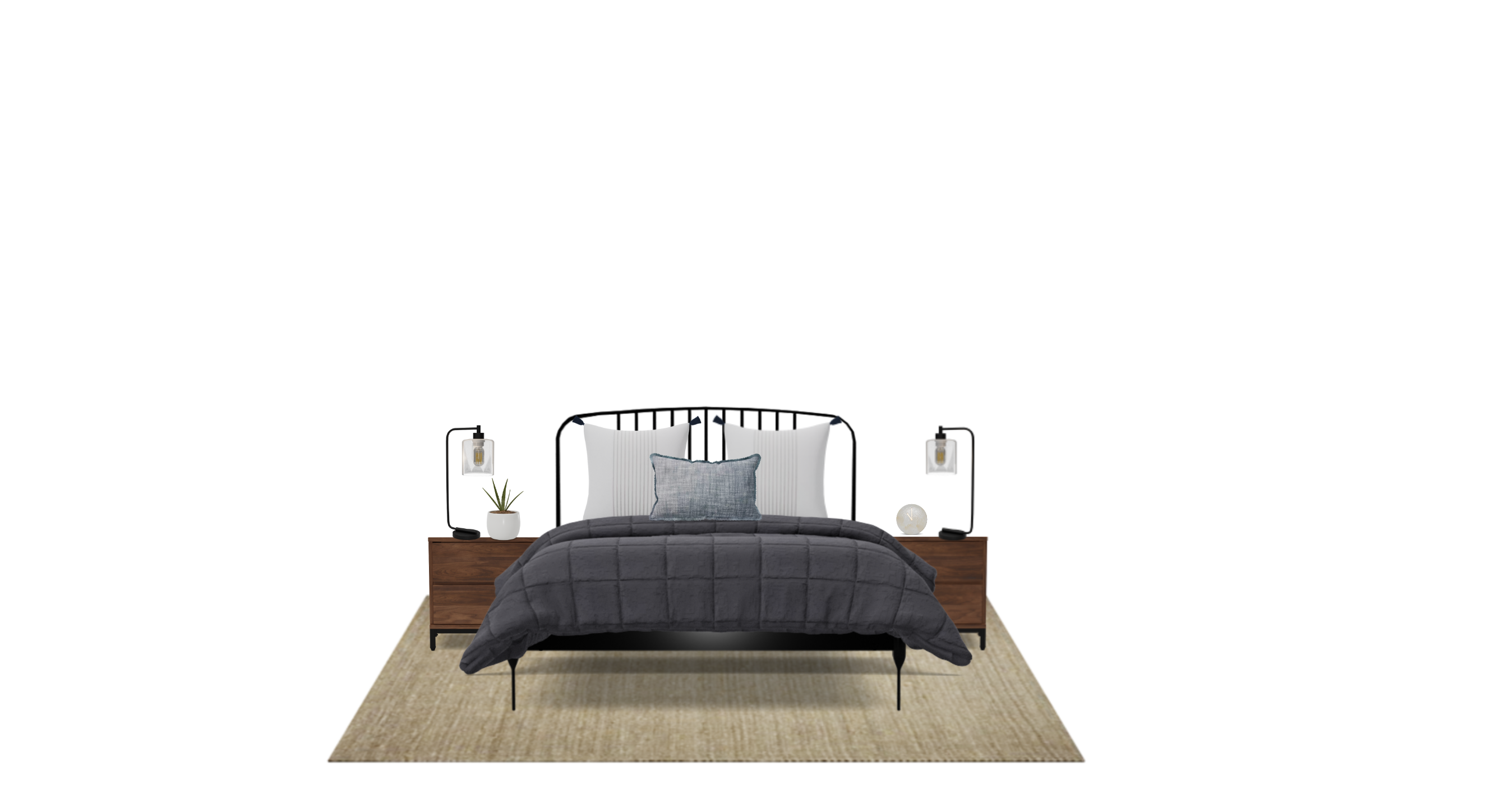 Rustic Industrial Bedroom Set with Jute Boucle Rug Spacejoy