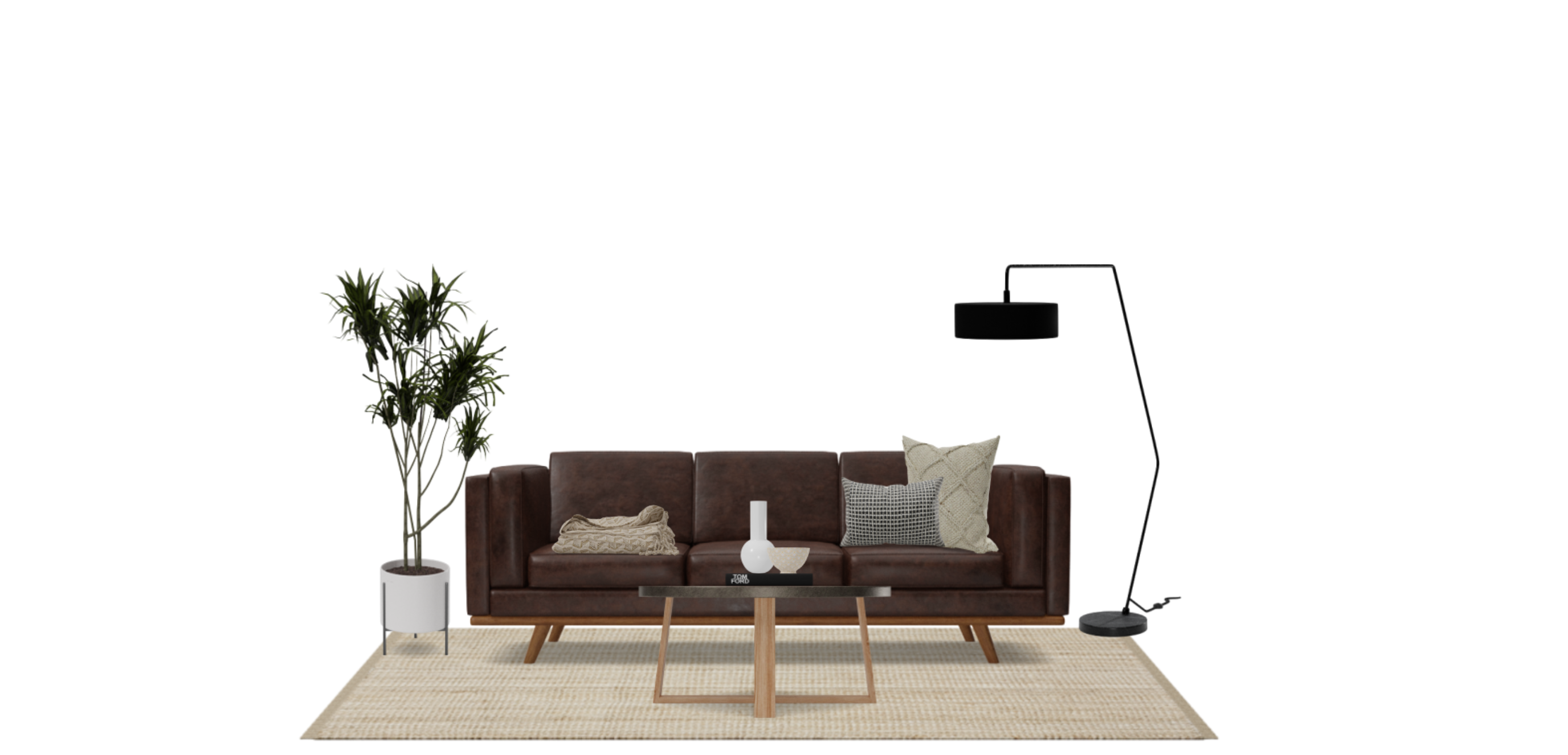 Mid Century Modern Living Room with Leather Sofa Spacejoy