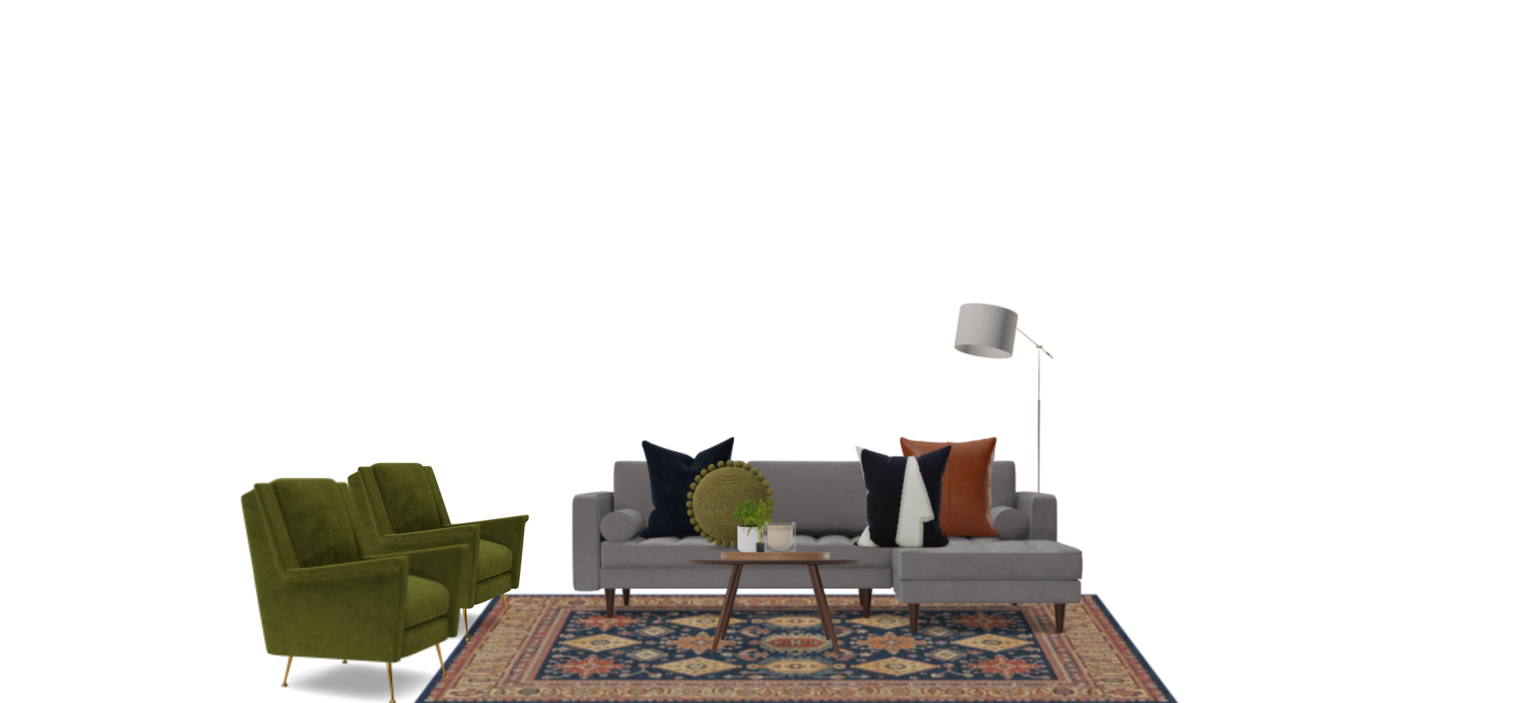 Mid Century Eclectic Living Room Set with Green Velvet Accent Chairs