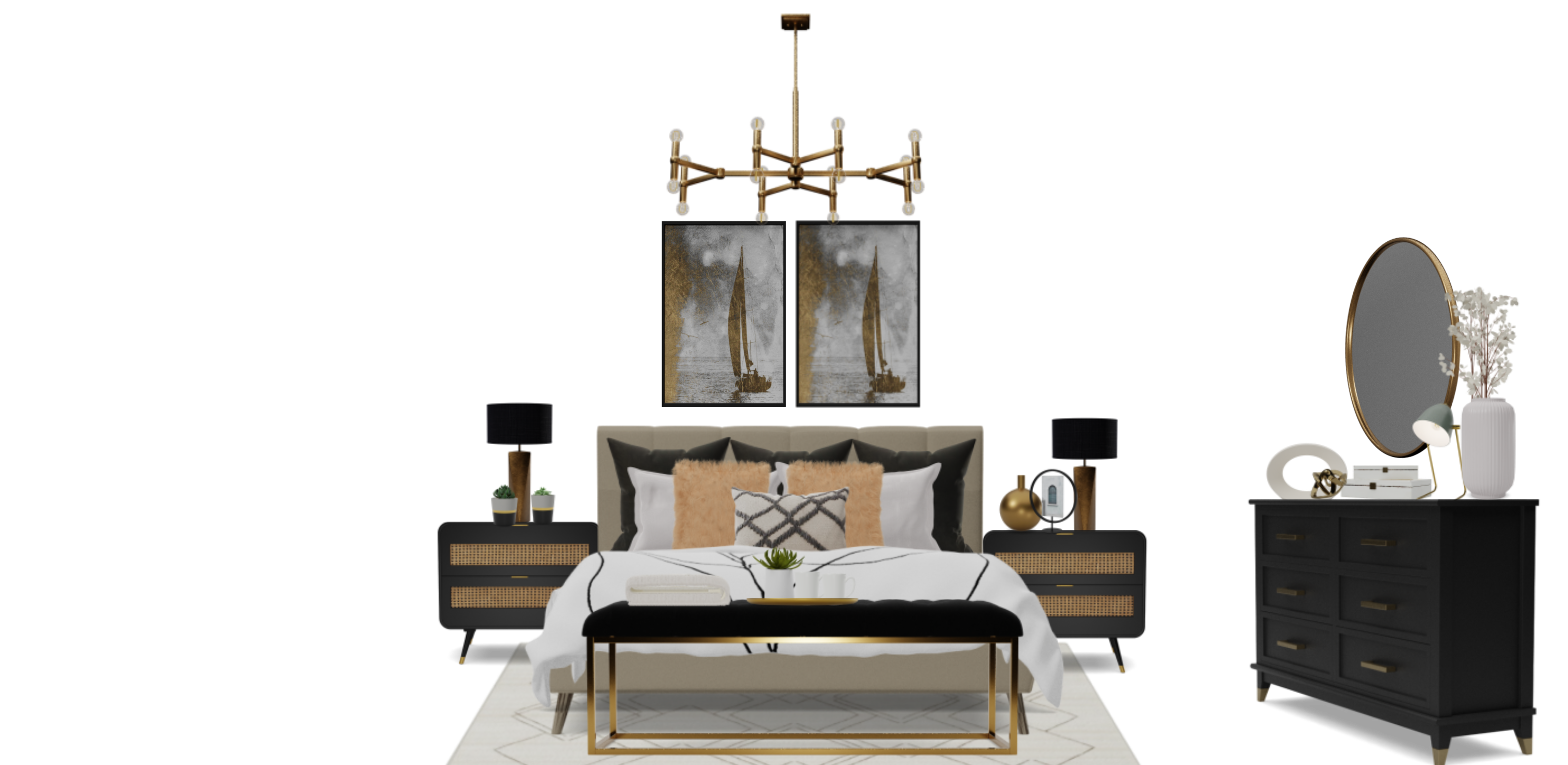 Mid Century Glam Bedroom Set with Cane Nightstands Spacejoy