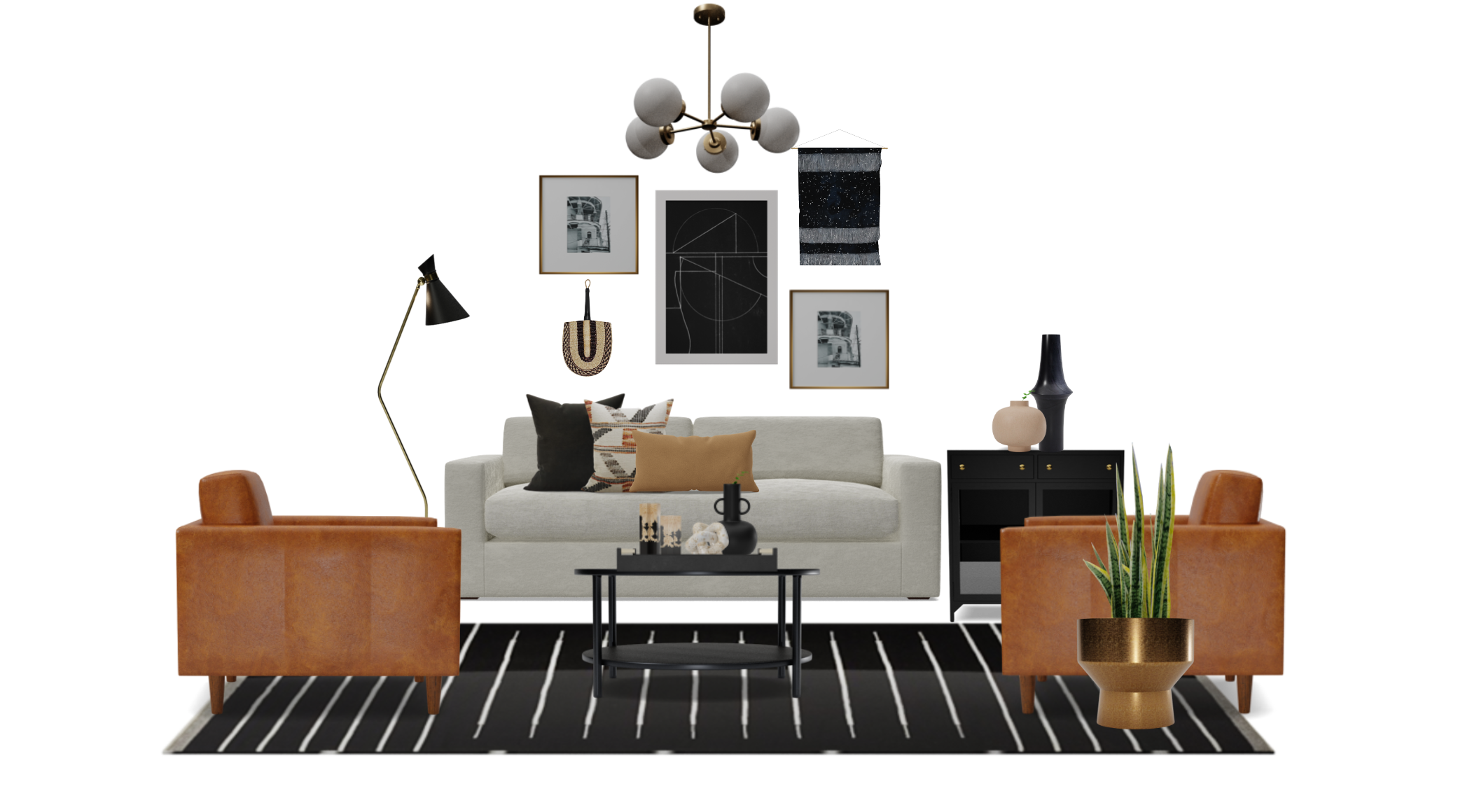 Mid Century Modern Living Room Set with Leather Armchairs Spacejoy