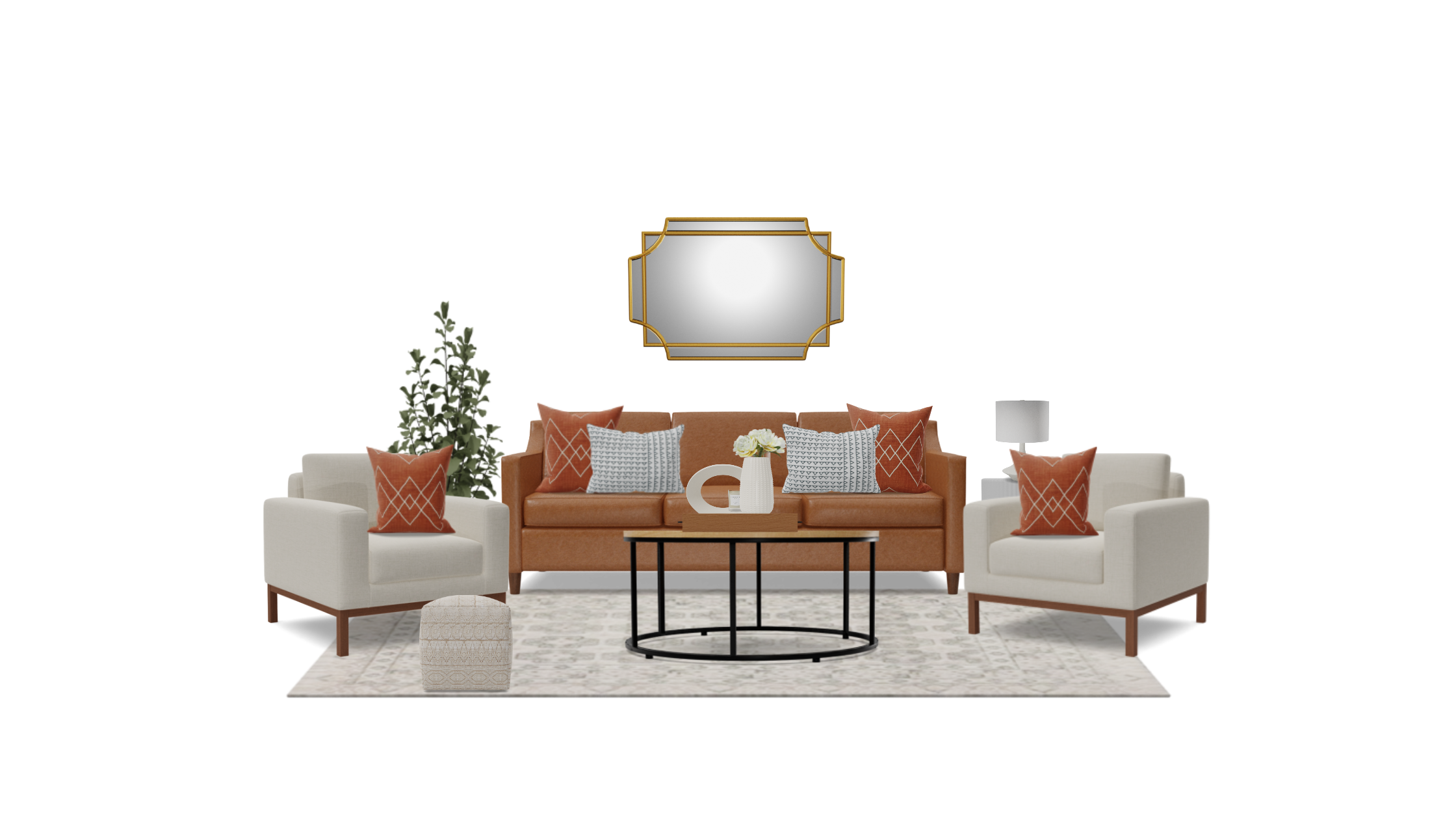 Modern Farmhouse Living Room Set with a Pop of Orange Spacejoy