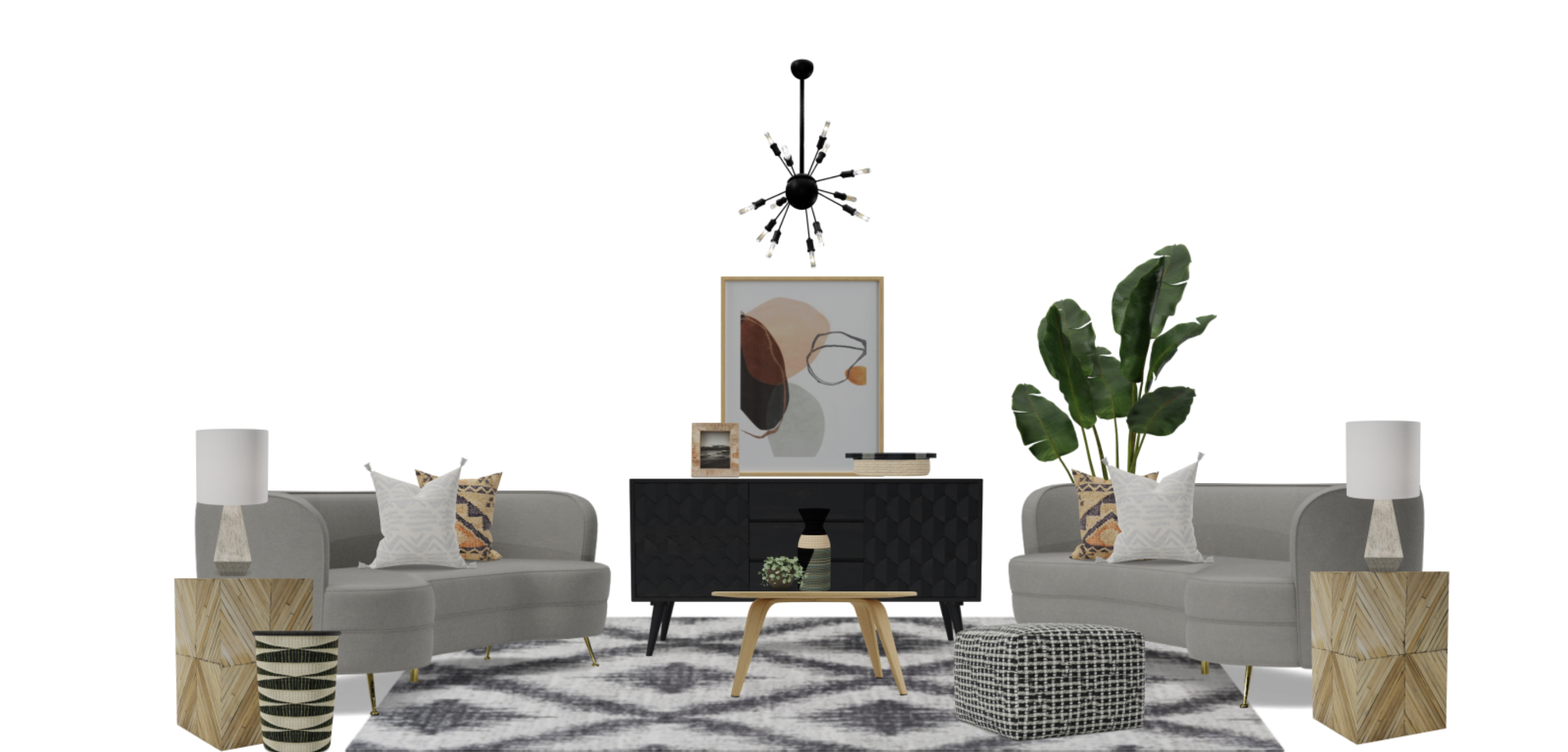 Mid Century Modern Boho Living Room Set with Gray Sofa Spacejoy