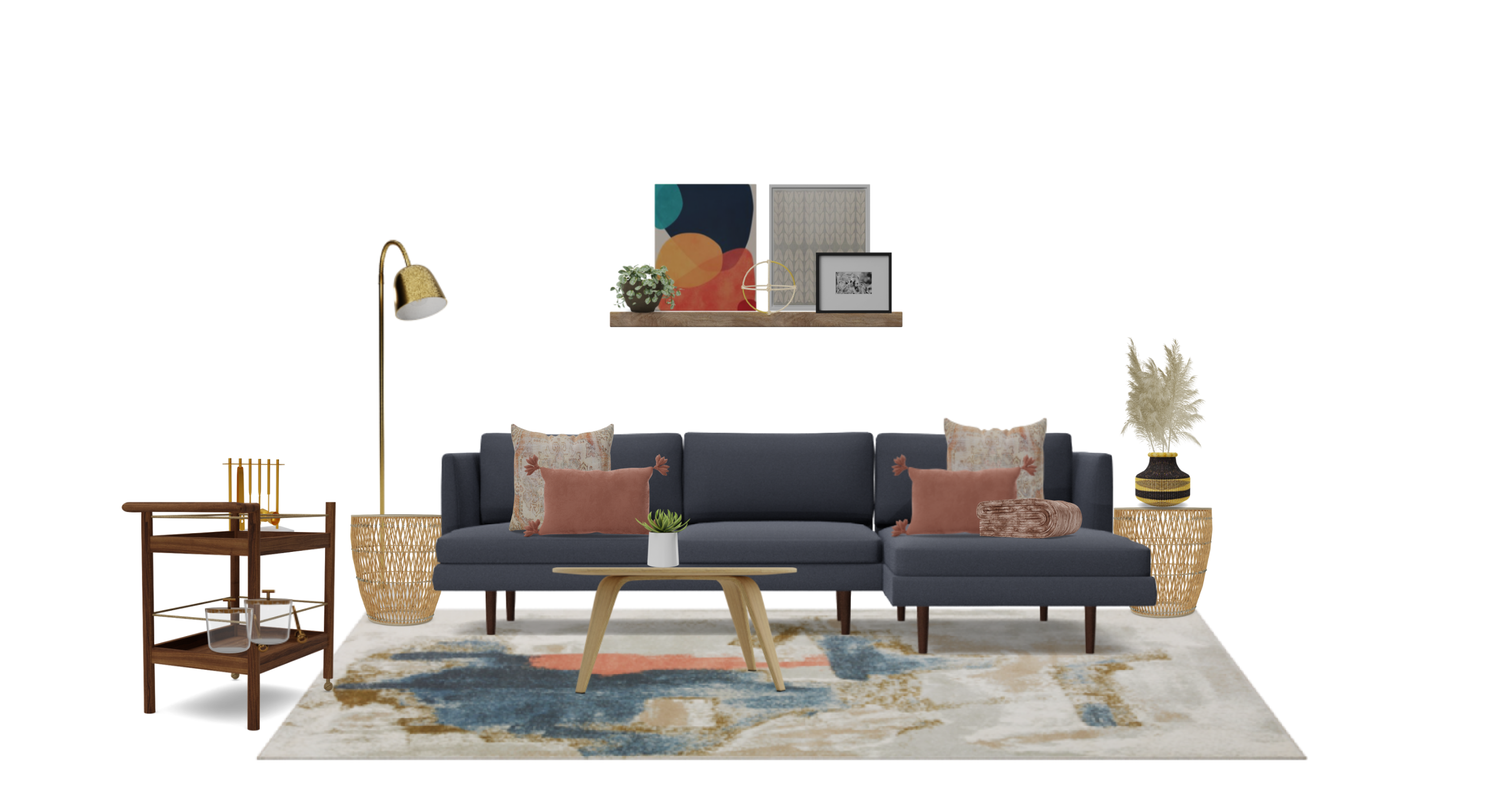 Colorful Boho Living Room Set with Blue Sofa Spacejoy