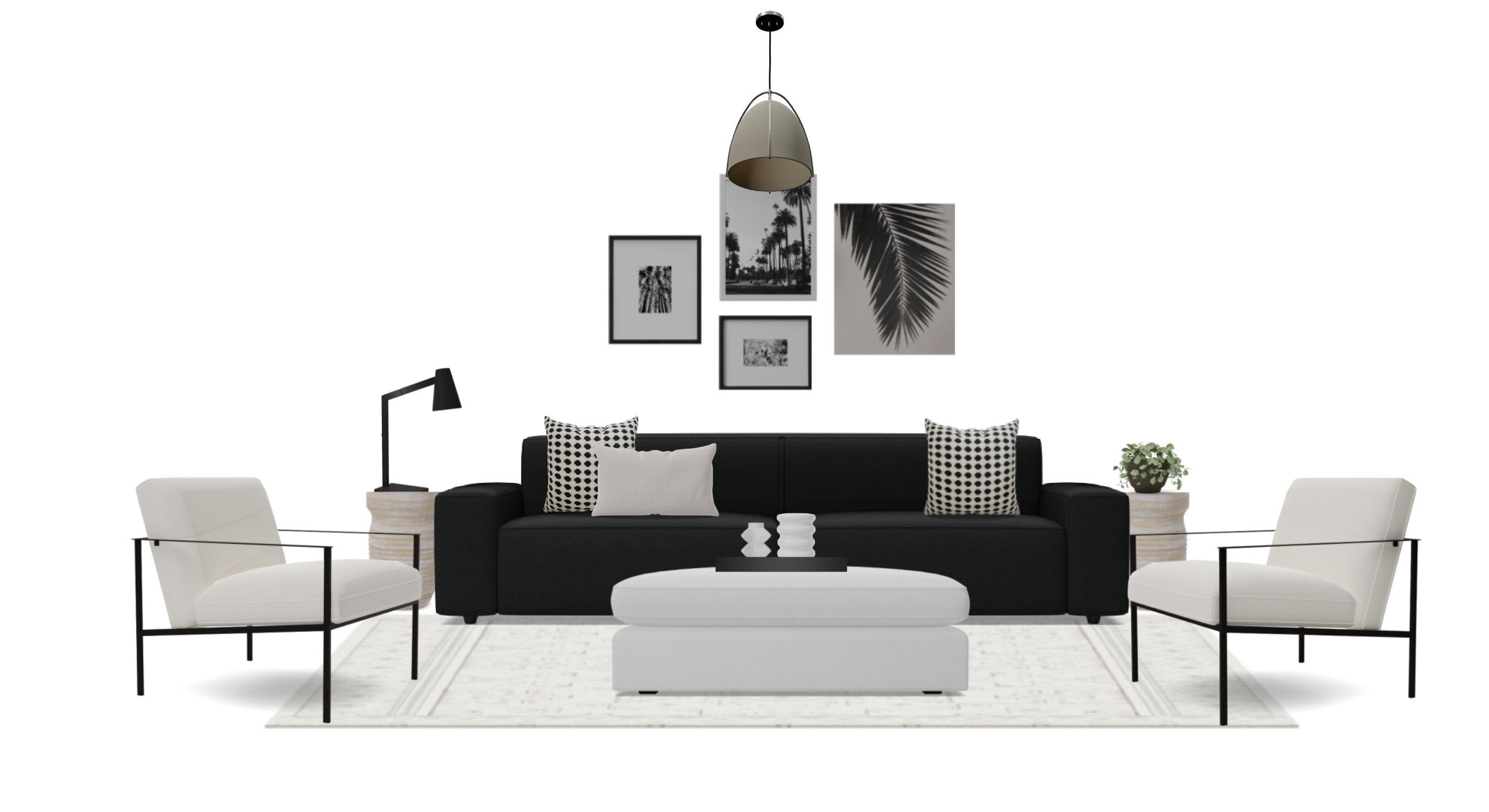 white living room dicor with black leather sofa