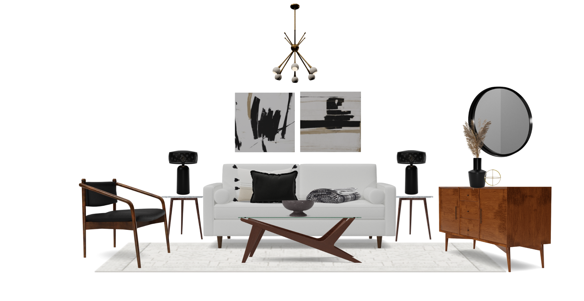 Mid Century Living Room Set With Black And White Abstract Artwork