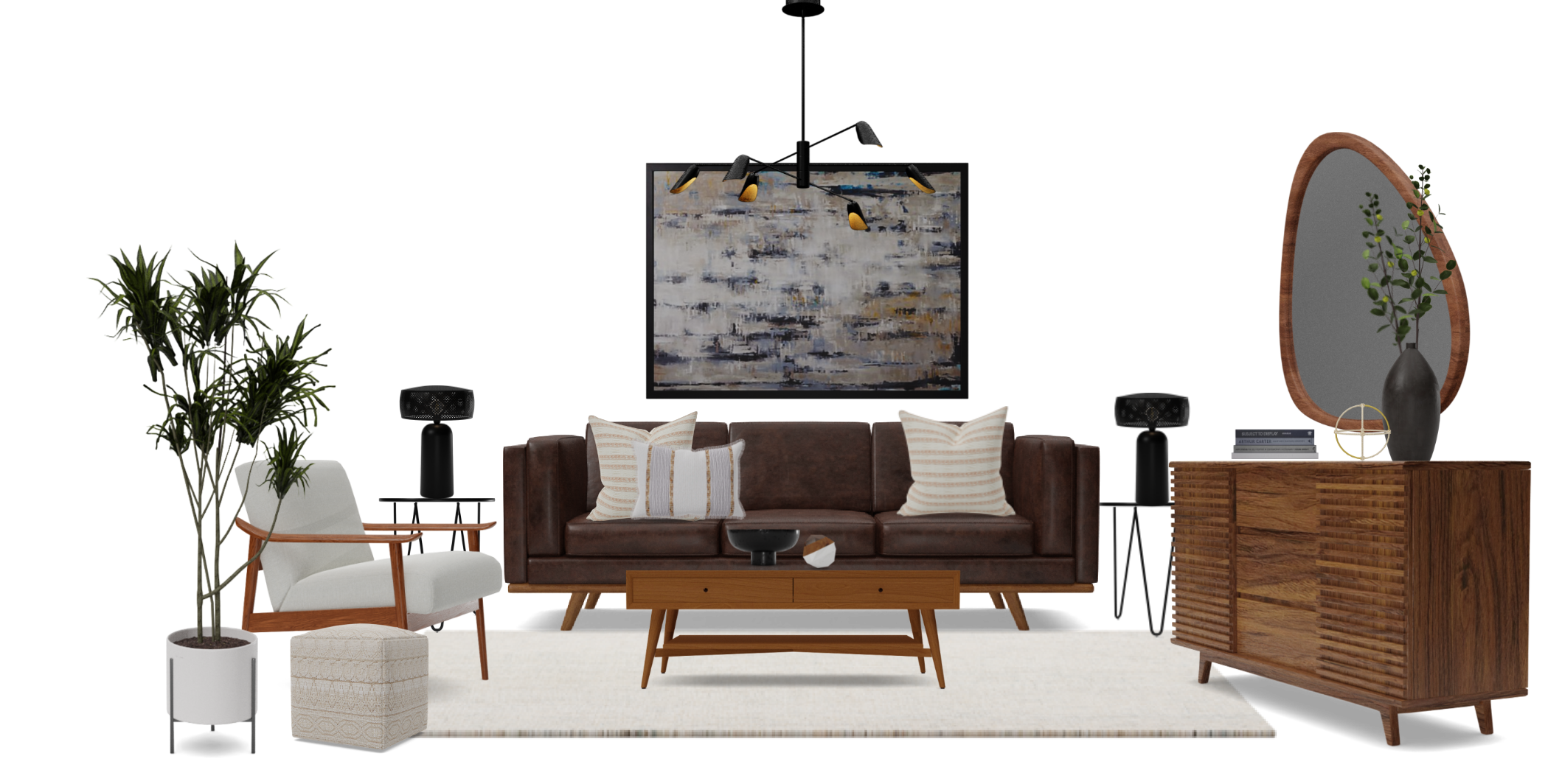 Mid Century Modern Living Room Set With Brown leather Sofa Spacejoy