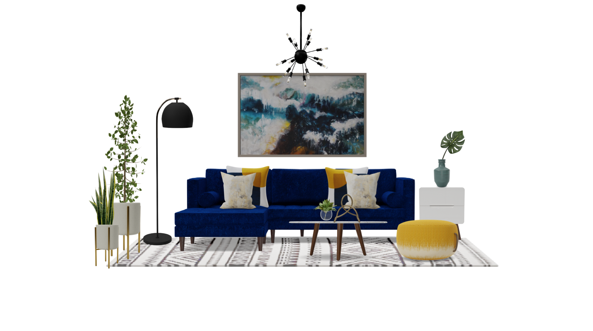 Mid Century modern Living Room Set With Blue Velvet Sofa Spacejoy