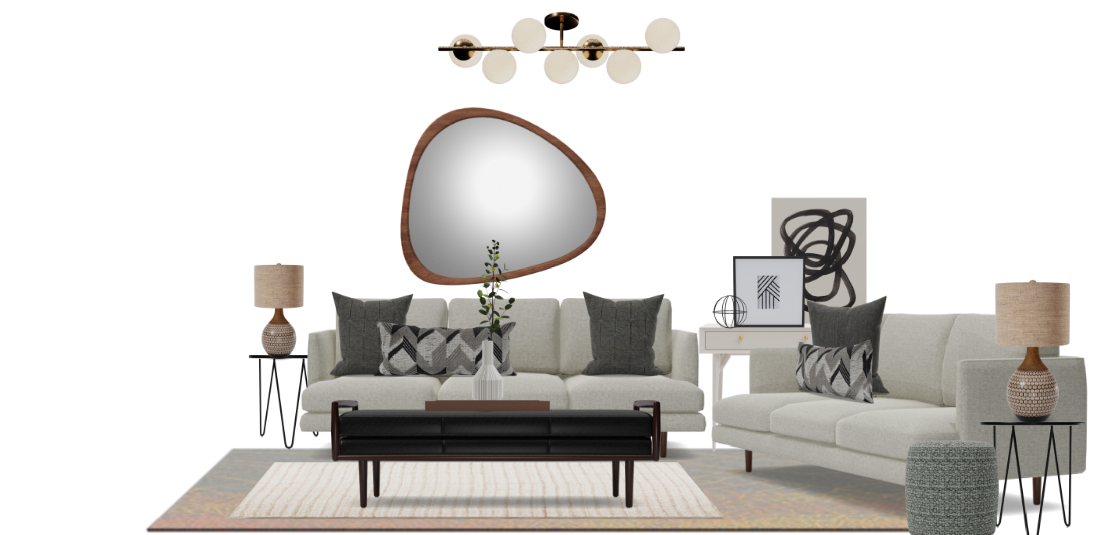 Mid Century Modern Living Room Set With black Leather Bench Spacejoy