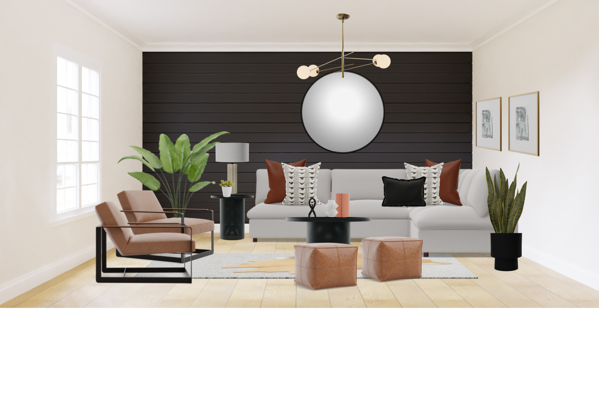 Rustic Modern Living Room Set with Black Metal Leather Accent Chairs