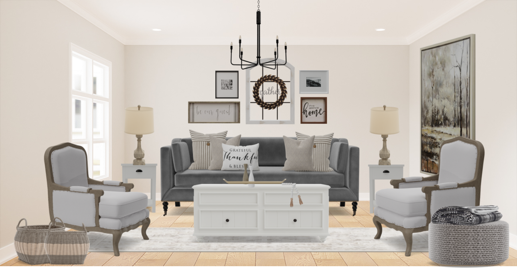 Farmhouse Living Room Set with Ivory Accent Armchairs Spacejoy