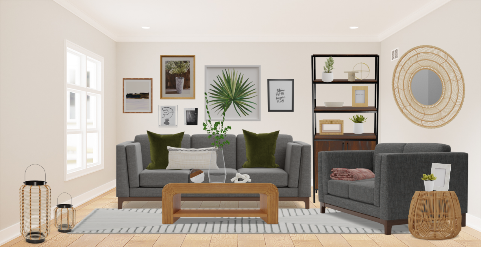 Boho Living Room Set with Nature Inspired Gallery Wall Spacejoy