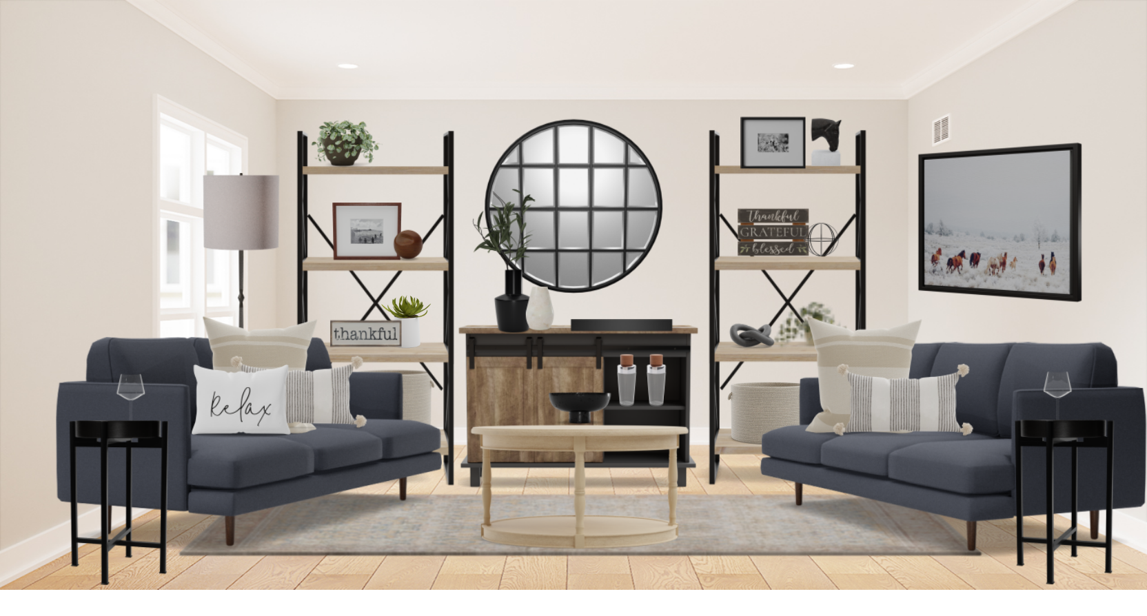 Farmhouse Living Room Set with Open Shelving Spacejoy