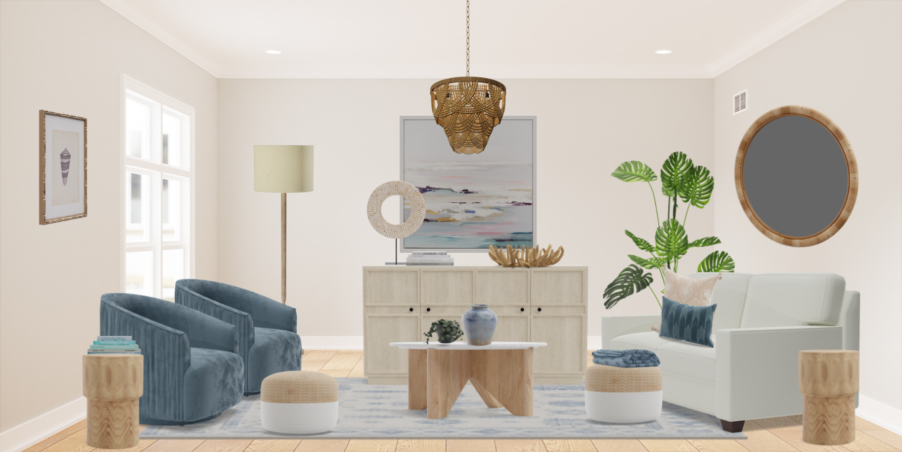 Coastal living Room Set With Blue Swivel Chairs Spacejoy