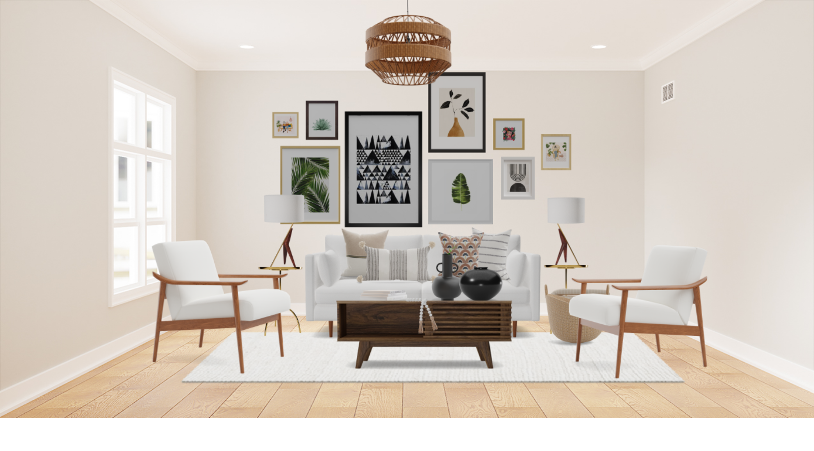 Mid Century Modern Boho Living Room Set With Gallery Wall Spacejoy