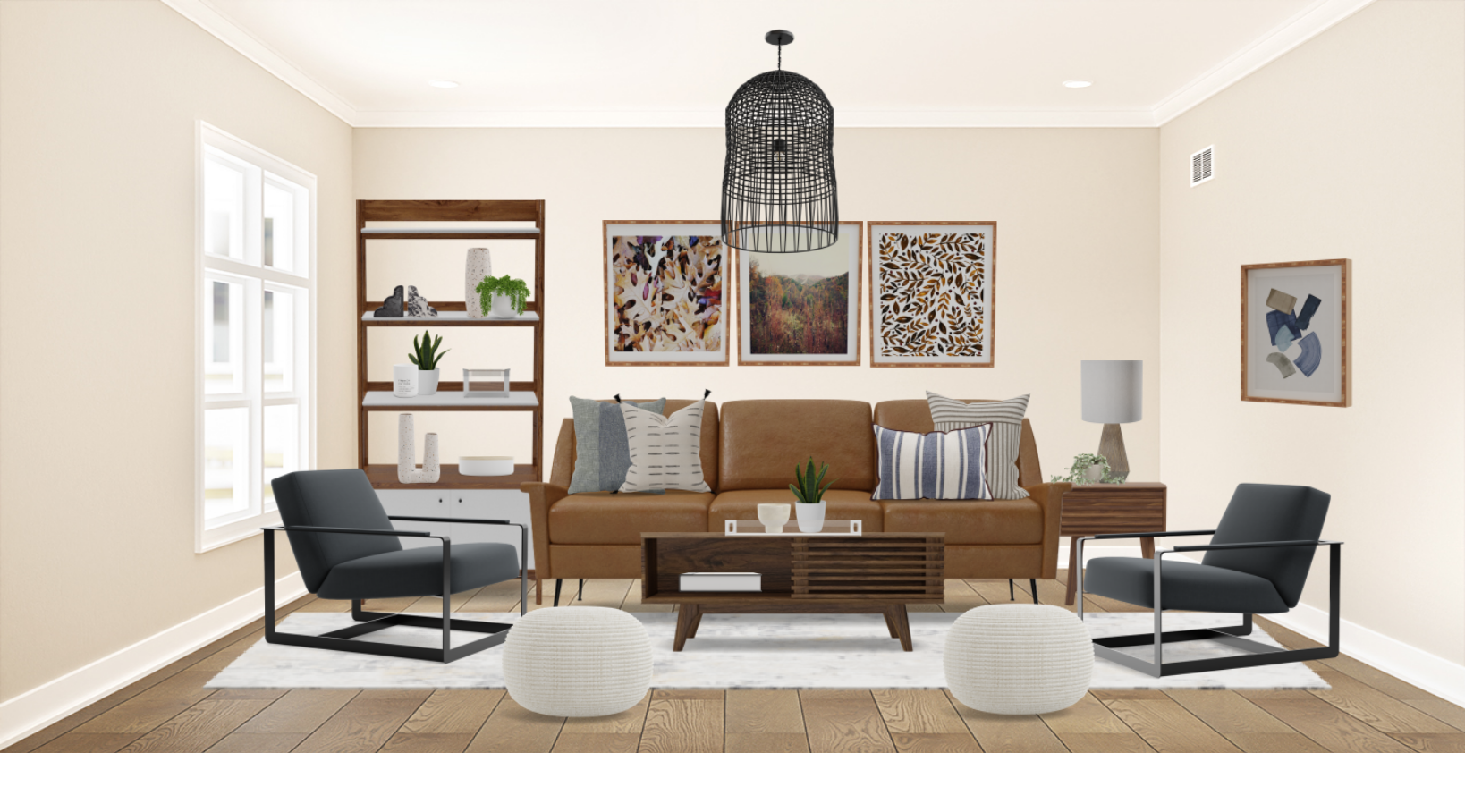 Mid Century Modern Living Room Set with Blue Accents and Leather Sofa Spacejoy