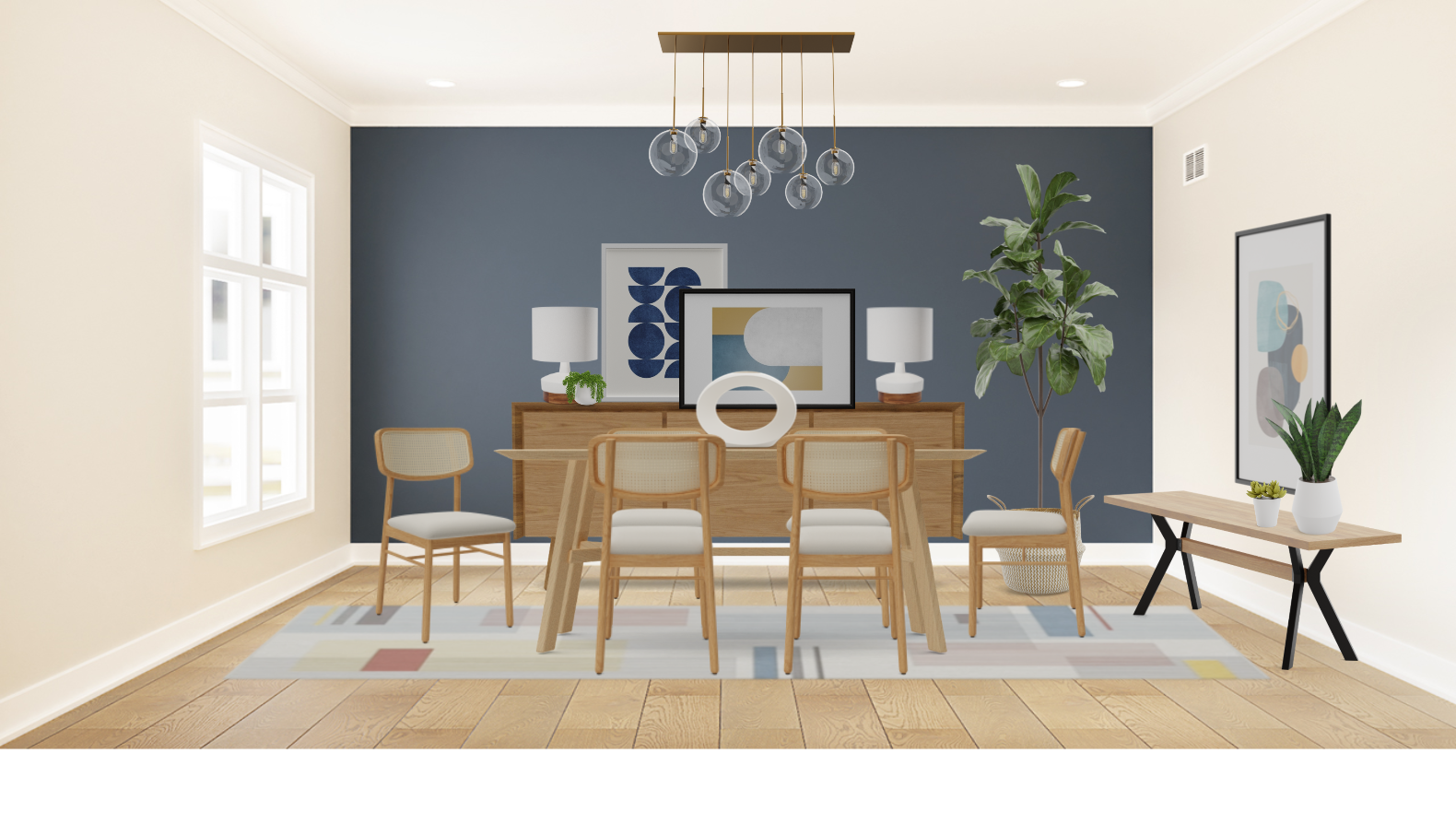 Scandinavian Dining Room Set with Geometric Rug Spacejoy