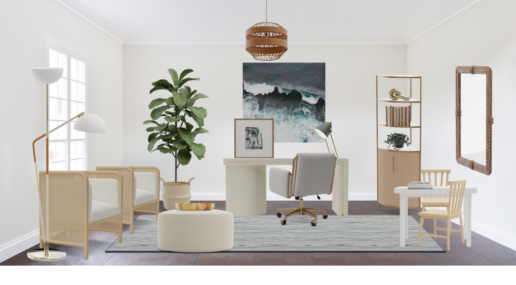 Modern Coastal home office Set With Kids Work Area Spacejoy