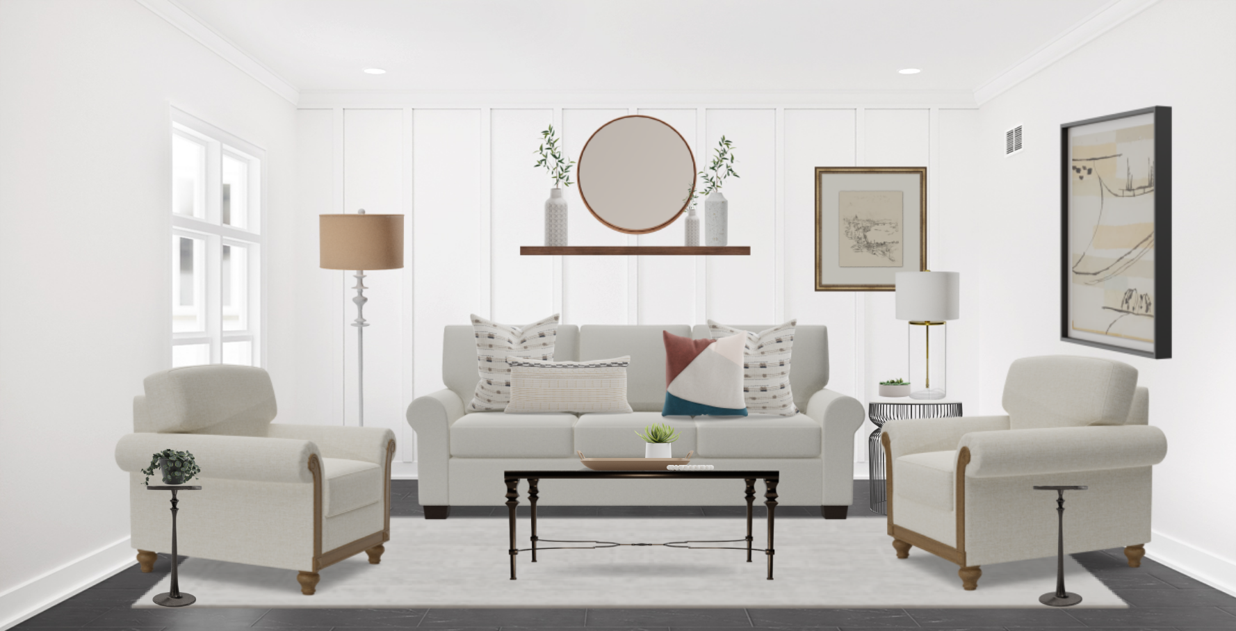 Traditional Living Room Set With Floating Wall Shelf Spacejoy