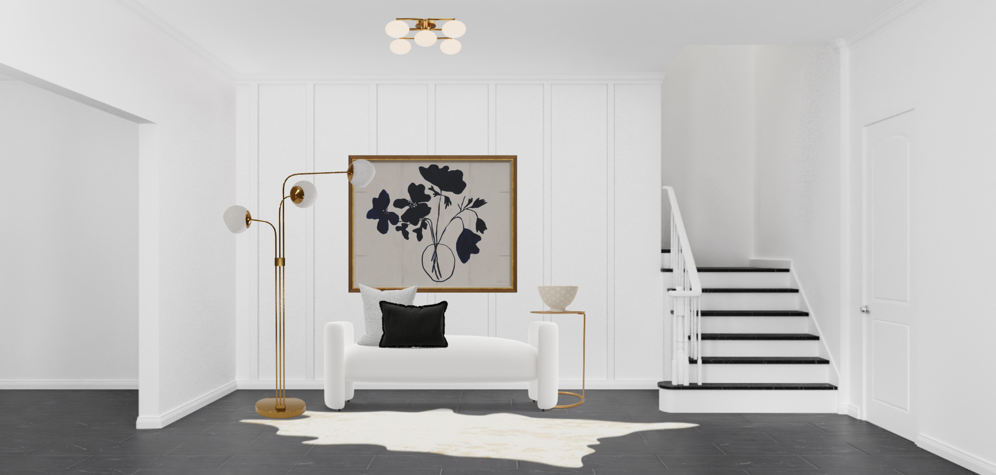 Glam Front Entryway with Cowhide Rug and Brass Accents Spacejoy