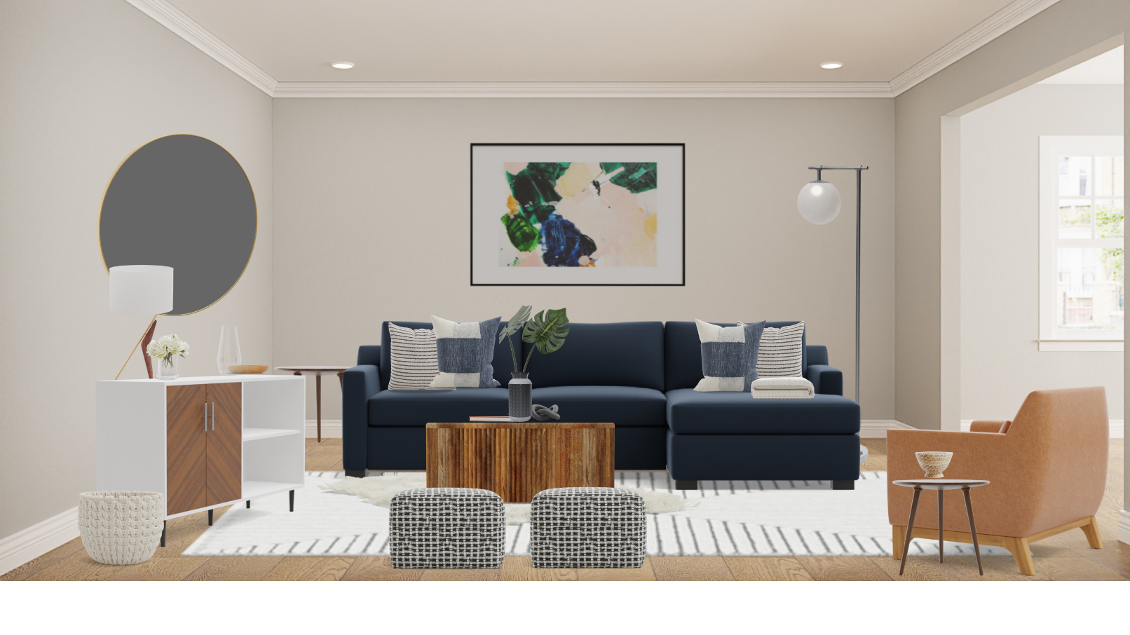 Mid Century Modern Living Room Set With Abstract Artwork Spacejoy