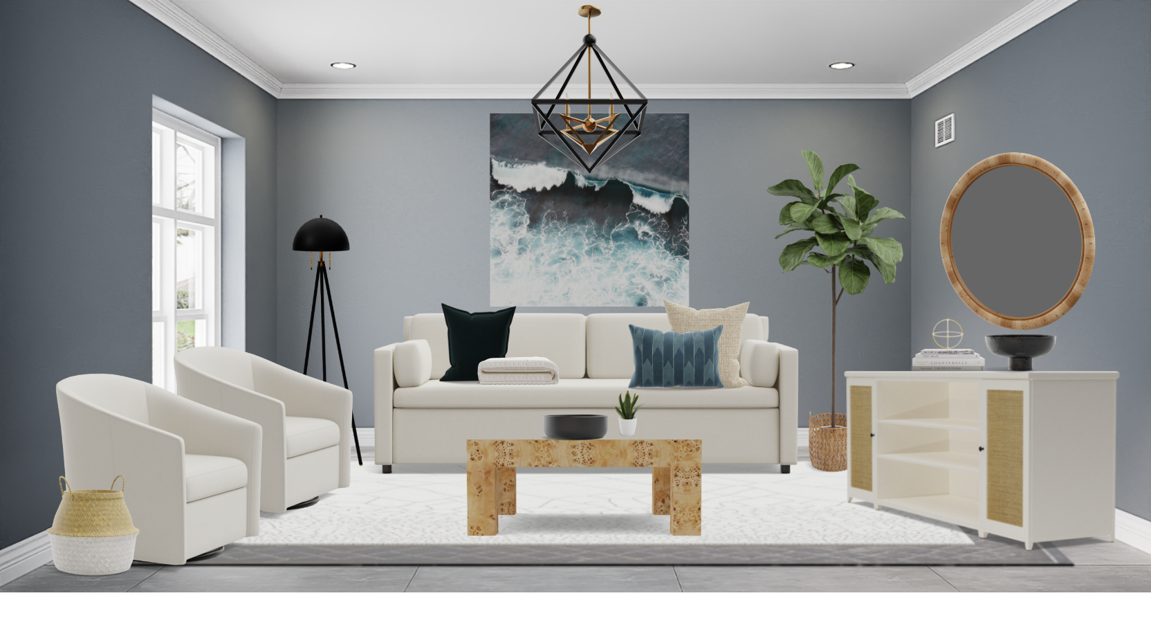 Modern Coastal Living Room Set With Swivel Chairs Spacejoy