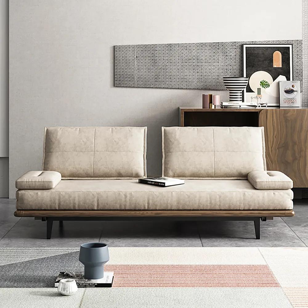 Japandi pull out sofa bed khaki wood convertible sleeper sofa