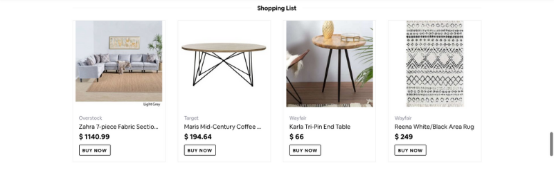 Online interior design shopping list