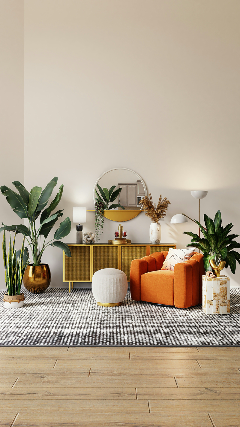 Living room design with pop of color and plants by spacejoy