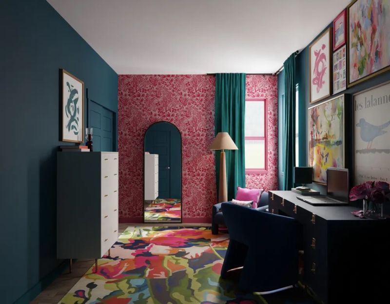 Eclectic home office with hues of pink and blue designed by spacejoy 
