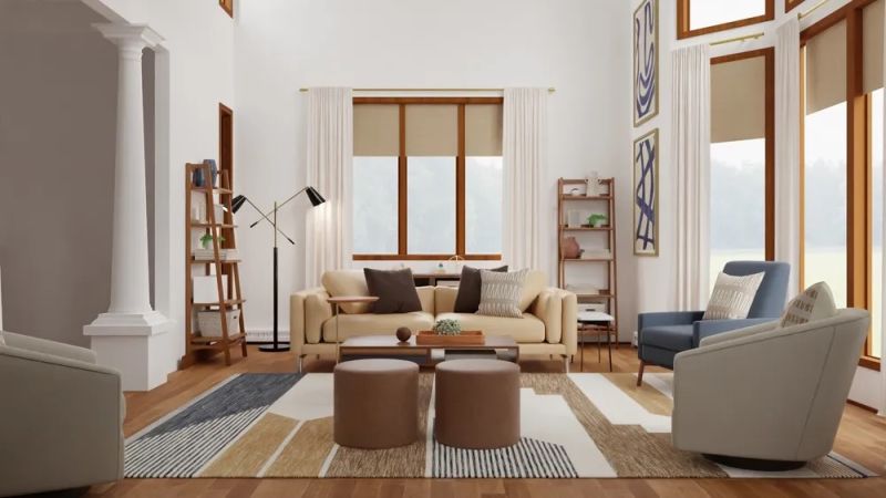 eclectic living room design with beige and neural shades designed by spacejoy