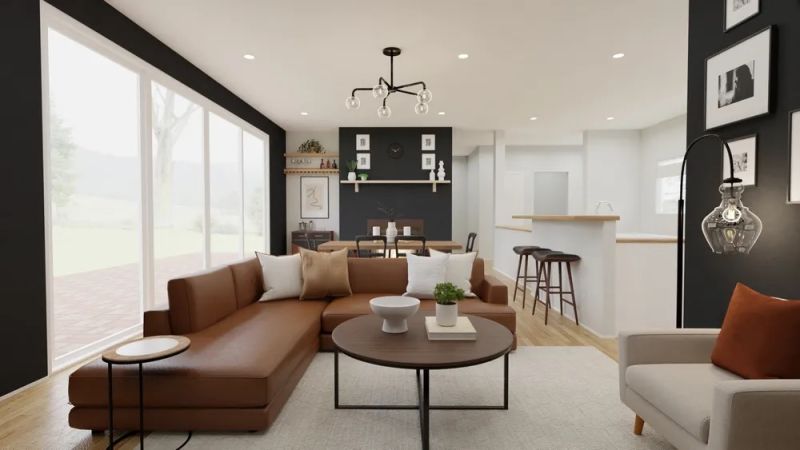 Modern living room design with brown sectional designed by spacejoy