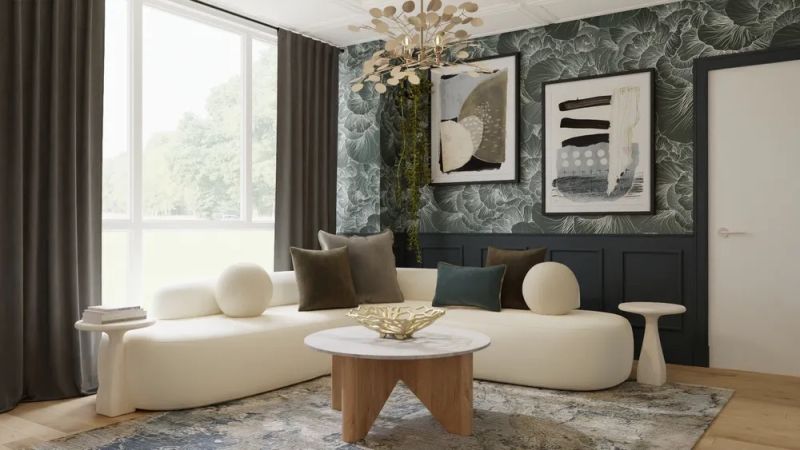 Modern living room design with elegant wallpaper and white sofa design by spacejoy