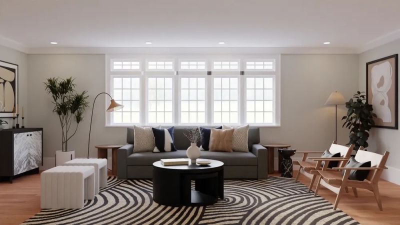 Modern living room with abstract pattern design by spacejoy