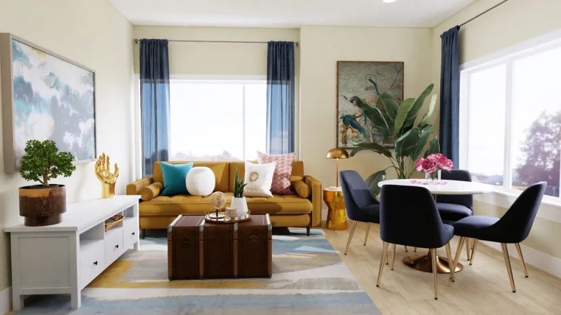 Eclectic living room design with a pops of color by spacejoy