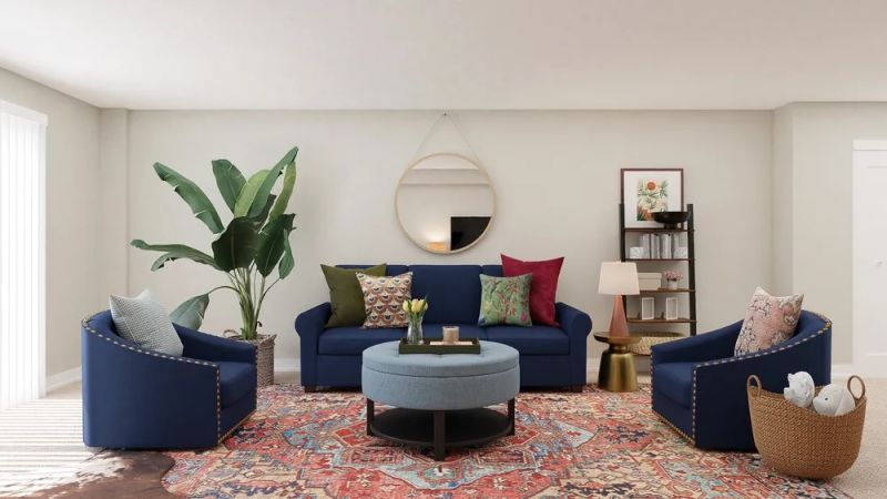 Eclectic Living Room Design with hues of blues by spacejoy