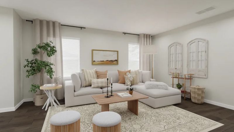 Farmhouse style inspired living room with white & beige tones by spacejoy