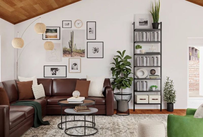 industrial living room design with gallery wall