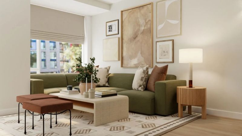 living room design with muted greens beiges and brown designed by spacejoy