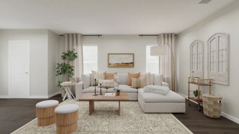 farmhouse style living room with neutrals