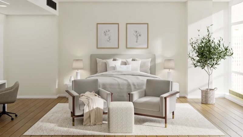 white & ivory minimalist bedroom design by spacejoy