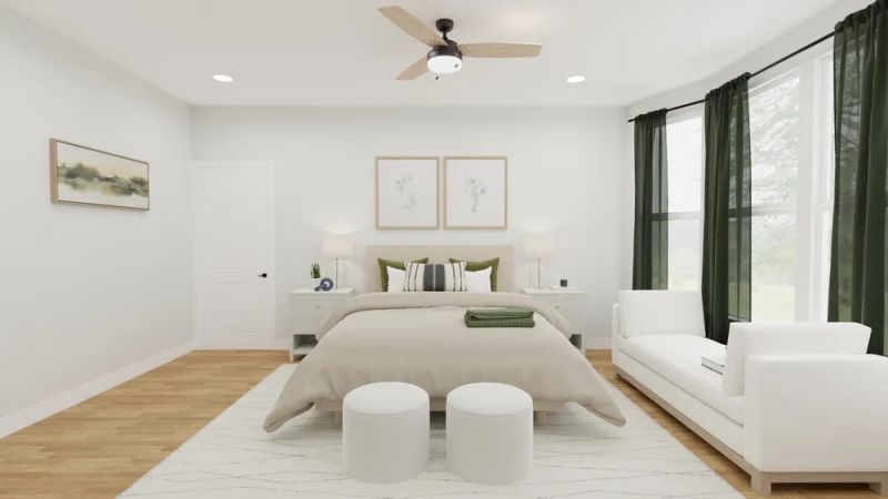 minimalist bedroom with pops of green