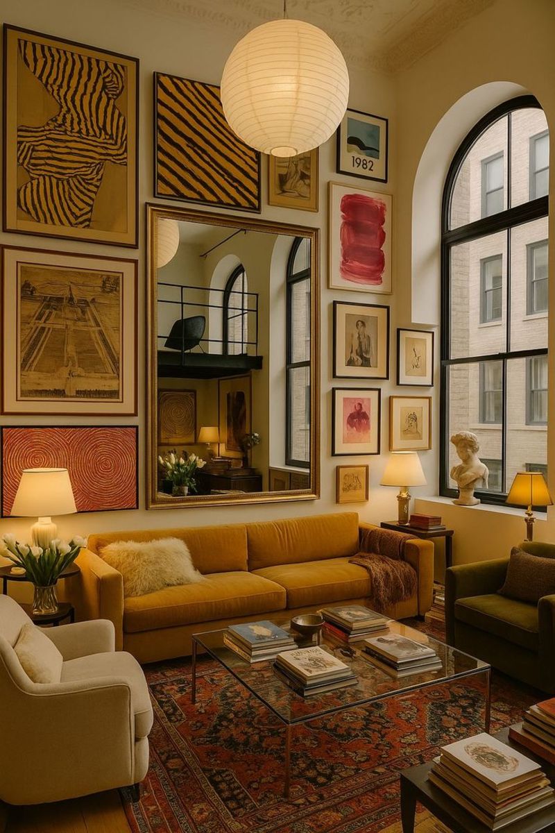 living room design with gallery wall design by spacejoy