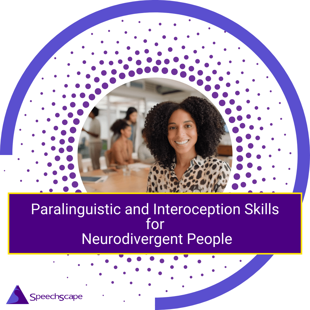 Paralinguistics Skills course image with smiling young woman in office and the course title, Paralinguistic and Interoception skills for Neurodivergent People.